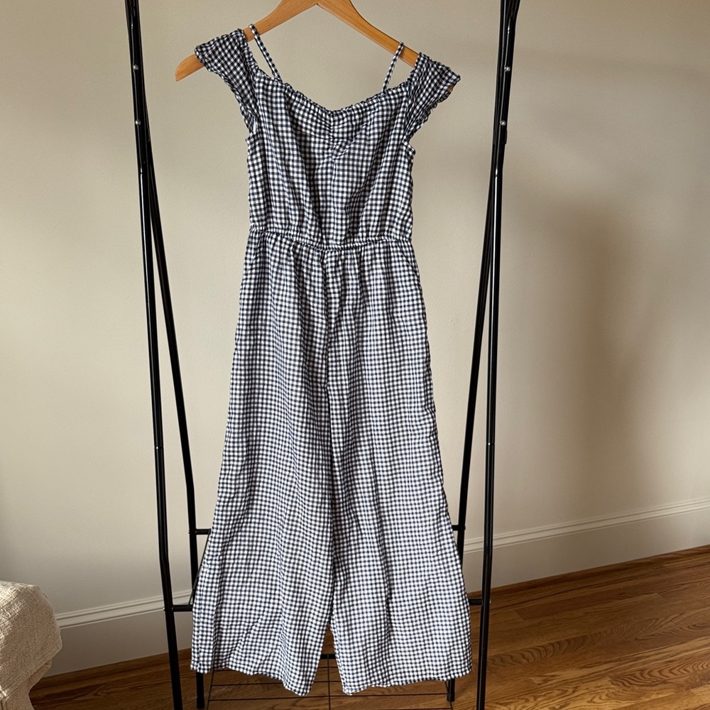 Abercrombie Kids Blue Gingham Ruffle Strap Wide-Leg Romper | Size 9/10